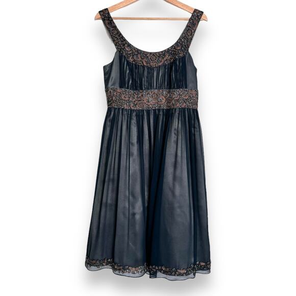 Adrianna Papell Evening 100% Silk Chiffon Beaded Fit N Flare Dress Womens Size 8 - Picture 1 of 10